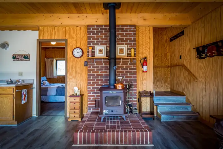 Wood-paneled cabin interior with a stove and a small kitchen